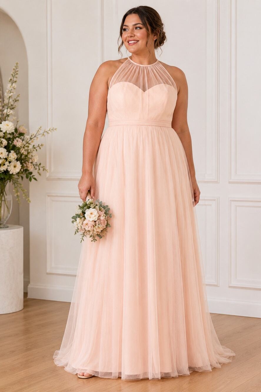Amsale Blush Pink Illusion Halter Tulle Maxi Gown NWT Size 14